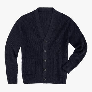Vue de face d'un cardigan marine avec des poches et des boutons