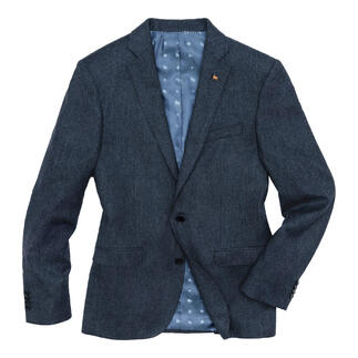 Vue de face d’un blazer en tweed de Donegal sur fond blanc