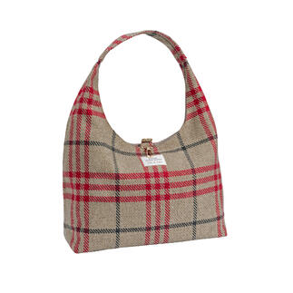 Vue de face du sac Tartan avec étiquette, motif écossais rouge et blanc
