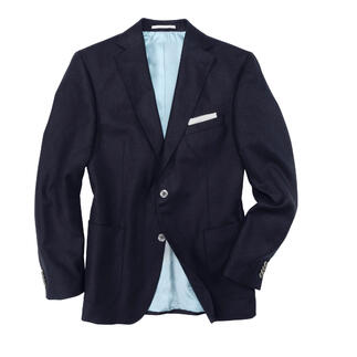 Veste en soie Carl Gross en bleu foncé avec doublure grise, légèrement ouverte.