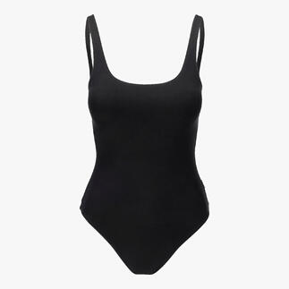 Maillot de bain noir, vue de face sur fond blanc.