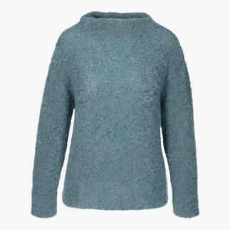 Pull en soie bouclé bleu avec encolure ronde