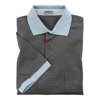 Polo tricoté gris avec col bleu clair et boutonnière