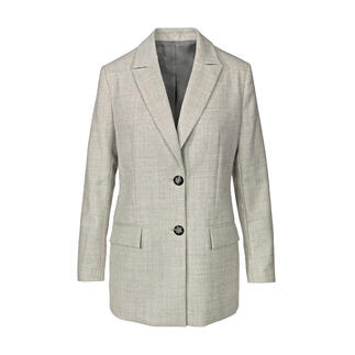 Blazer gris avec deux boutons sur fond blanc.