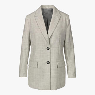 Blazer gris avec deux boutons sur fond blanc.