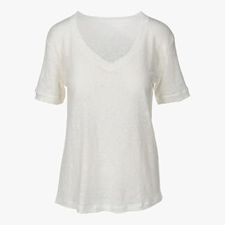 T-shirt en lin, taille 36, de couleur blanche avec col en V et manches courtes.