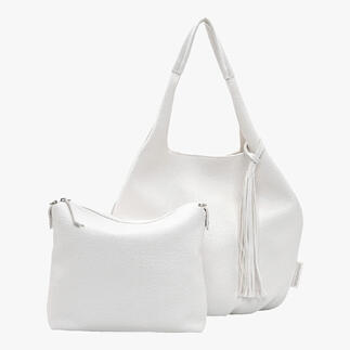 Sac soft shopper blanc avec un petit sac supplémentaire, sur fond blanc.