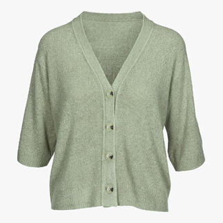 Cardigan en bouclé de soie verte avec décolleté en V et cinq boutons.