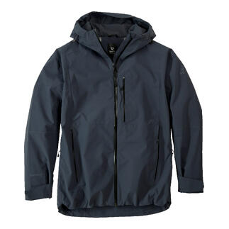 Veste hardshell noire ouverte, visible avec poches.