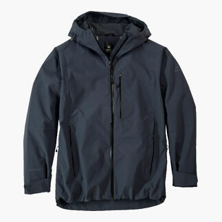 Veste hardshell noire ouverte, visible avec poches.