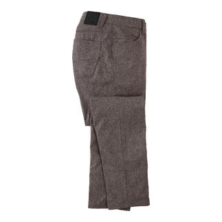 Pantalon five-pocket en cachemire taupe, vue latérale.