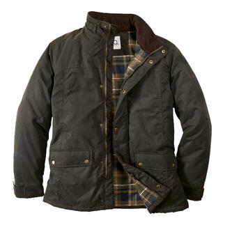 Veste d'extérieur en toile huilée olive avec motif à carreaux à l'intérieur et boutons.