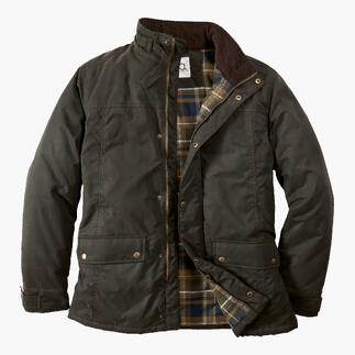 Veste d'extérieur en toile huilée olive avec motif à carreaux à l'intérieur et boutons.