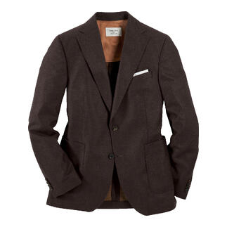 Veste en feutre fin marron sur fond blanc.