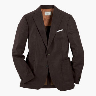 Veste en feutre fin marron sur fond blanc.