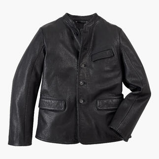 Veste en cuir de buffle Oconi noire avec fermeture à boutons et poches, taille 48