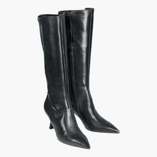 Bottes en cuir stretch noires avec tige haute et talon pointu.