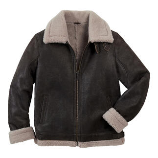 Veste de pilote en agneau marron sur fond blanc