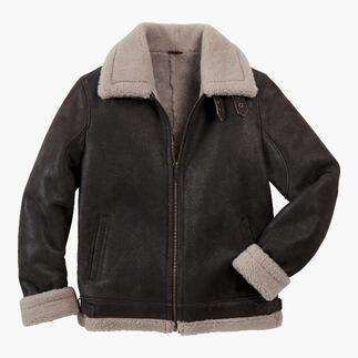 Veste de pilote en agneau marron sur fond blanc