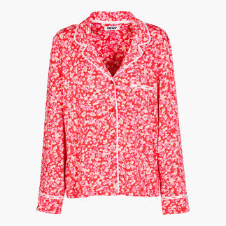 Chemise de pyjama rouge DKNY avec imprimé floral, vue de face.