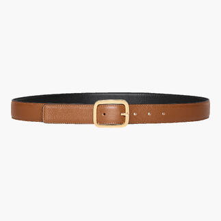 Ceinture réversible tout-en-un en brun et noir, avec une boucle dorée.