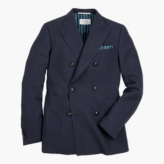 Blazer Pinpoint bleu marine à double boutonnage et large revers.
