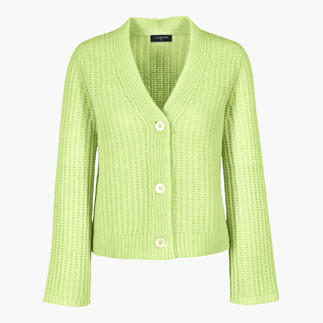 Cardigan en cachemire-coton vert clair texturé avec des boutons, vu de face.
