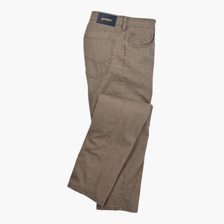 Pantalon jogger five-pocket couleur camel avec taille élastique.