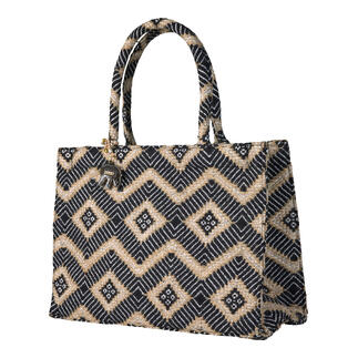 Sac fourre-tout en jacquard noir avec motif losange et anses.