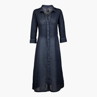 Robe combinée en lin bleu foncé avec fermeture à boutons et longueur longue