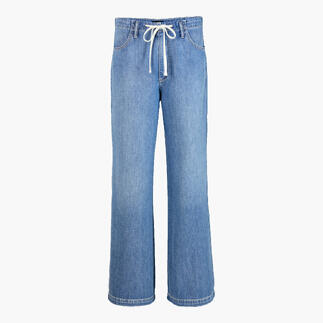 Vue avant d'un jean en coton bleu avec cordon de serrage