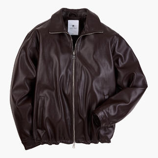 Veste marron en simili cuir en taille 48 avec fermeture éclair et doublure douce.