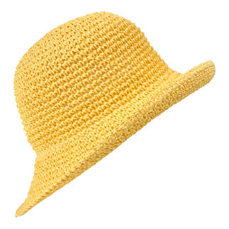 Chapeau en crochet en papier Roeckl jaune, vue détaillée de la structure en crochet.
