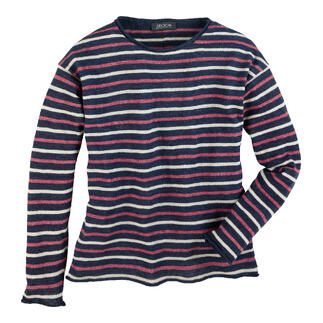 Pull d'été ultraléger rayé bleu et rouge sur fond blanc.
