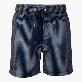 Maillot de bain en seersucker marine, taille 46, sur fond blanc.