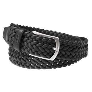 Ceinture en cuir tressé noire avec boucle argentée sur fond blanc.