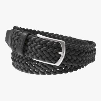 Ceinture en cuir tressé noire avec boucle argentée sur fond blanc.