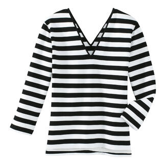 T-shirt magique rayé avec décolleté en V, posé sur fond blanc.