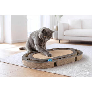 Chat jouant avec un jouet à gratter dans le salon sur un tapis clair.