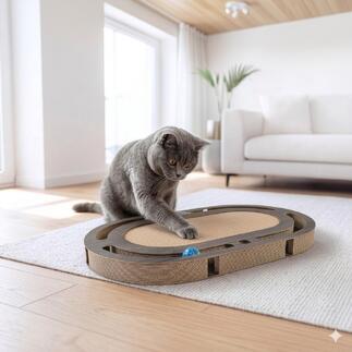 Chat jouant avec un jouet à gratter dans le salon sur un tapis clair.