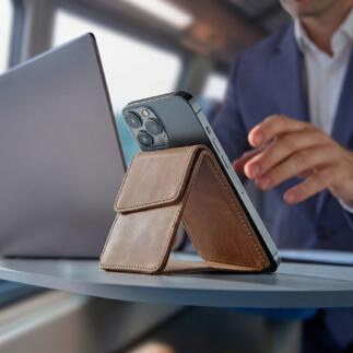 Portefeuille en cuir pour smartphone 2-en-1 avec protection RFID sur une table.