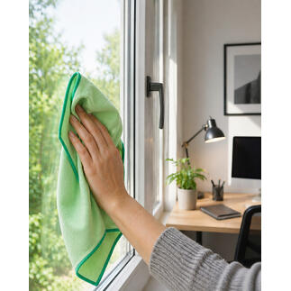 Main essuyant une fenêtre avec un chiffon à vitres vert dans un bureau moderne.