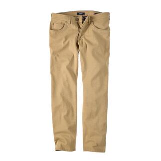 Pantalon gardeur Five-Pocket couleur sable étendu sur fond blanc.