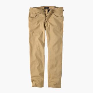 Pantalon gardeur Five-Pocket couleur sable étendu sur fond blanc.