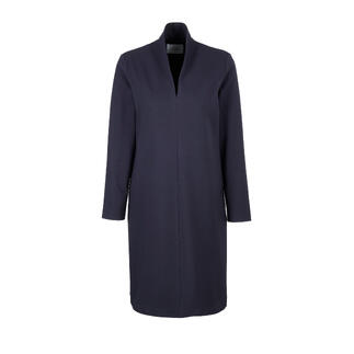 Robe bleue avec manches longues et silhouette cintrée.