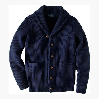 Cardigan à col châle AP en marine avec une texture en tissu épaisse.