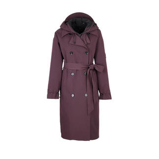 Vue avant d'un trench-coat bordeaux convertible avec capuche.