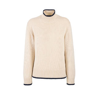 Pull en laine lyocell beige avec col montant et bordure côtelée.