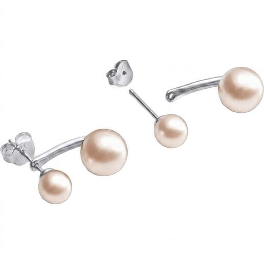 Boucles d'oreilles 2-en-1 avec perles flottantes en argent, élégamment présentées.