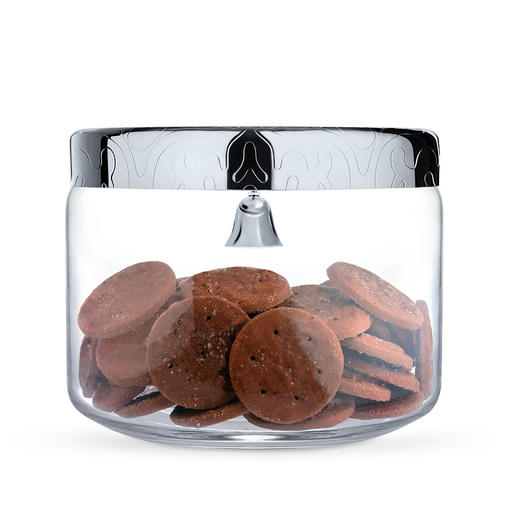 Boîte à biscuits Alessi Pot en verre avec couvercle en inox. Avec clochette d’alarme - une protection efficace contre les gourmands.